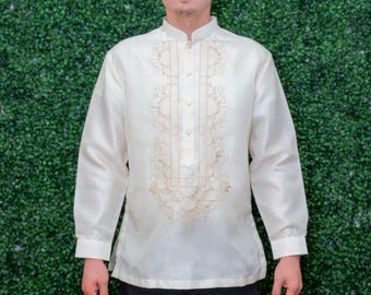 Sunny NCB4 BARONG TAGALOG Chinese Collared Filipino National Costume FILIPINIANA Formal Dress for Men - Beige -