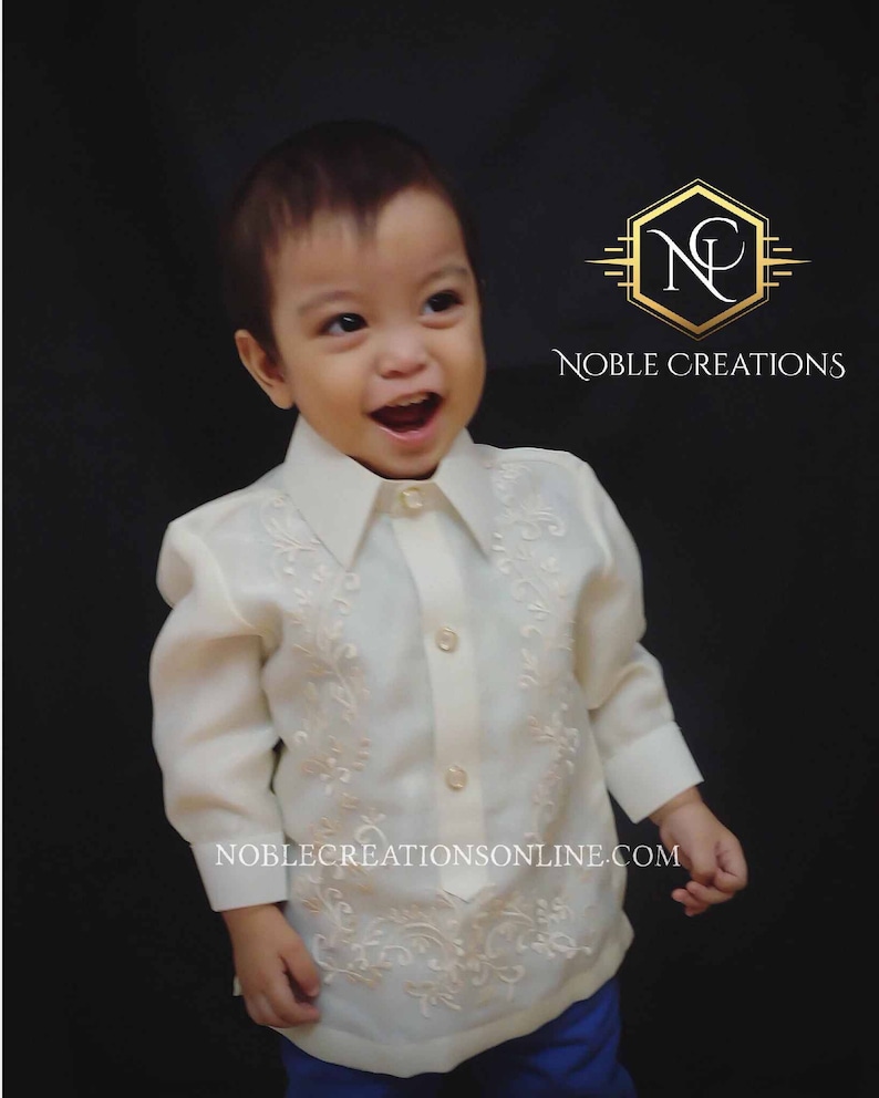 BARONG TAGALOG with Inner Lining Philippine National Costume FILIPINIANA Formal Dress For Kids Beige NCVON1 image 2
