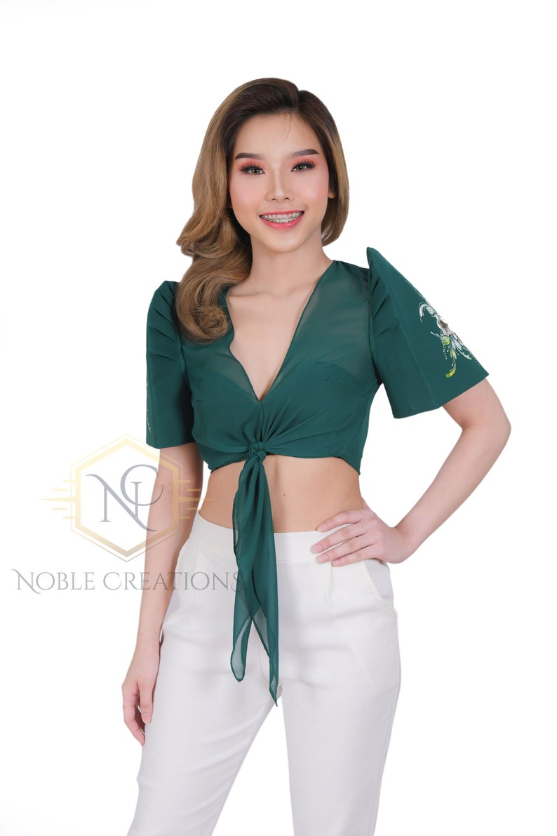 FILIPINIANA CHIFFON BOLERO Hand-painted Philippine National Costume Dark Green image 1