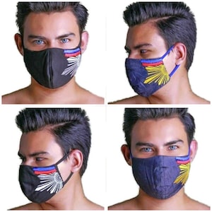May include: Four images of a person wearing a black face mask with a white sun and blue, red, and yellow accents. The mask has a design that resembles the flag of the Philippines.