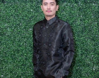 BARONG TAGALOG All Black Filipino National Costume Filipiniana Formal Dress for Men - NCB5AllBlack