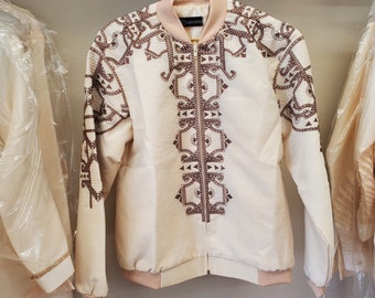 BOMBER BARONG JACKET Filipino National Costume Filipiniana Lumban Laguna Philippines - Beige