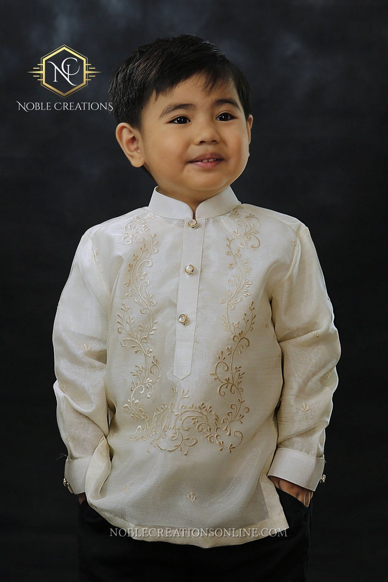 BARONG TAGALOG with Inner Lining Philippine National Costume FILIPINIANA Formal Dress For Kids Beige NCVON1 image 1