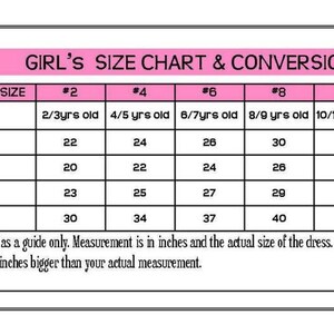 May include: A pink and white size chart for girls' clothing with the title "Girl's Size Chart & Conversion". The chart shows sizes 2 through 12, with corresponding age ranges and measurements in inches for chest, waist, hips, and length.