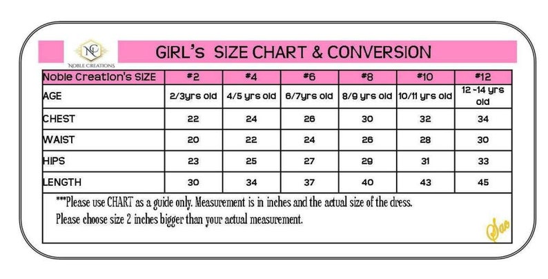 May include: A pink and white size chart for girls' clothing with the title "Girl's Size Chart & Conversion". The chart shows sizes 2 through 12, with corresponding age ranges and measurements in inches for chest, waist, hips, and length.
