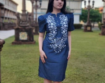 FILIPINIANA Puff Sleeve Denim Dress BARONG TAGALOG with Pocket Philippine National Costume Maria Clara - Denim Blue
