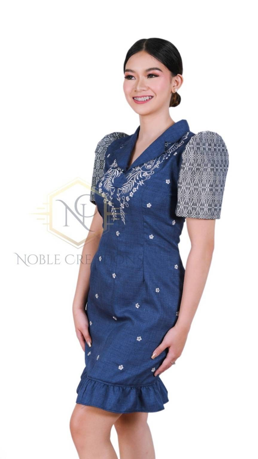 FILIPINIANA ITNEG FABRIC Mestiza Sleeve Denim Dress Barong Tagalog with Pocket Philippine