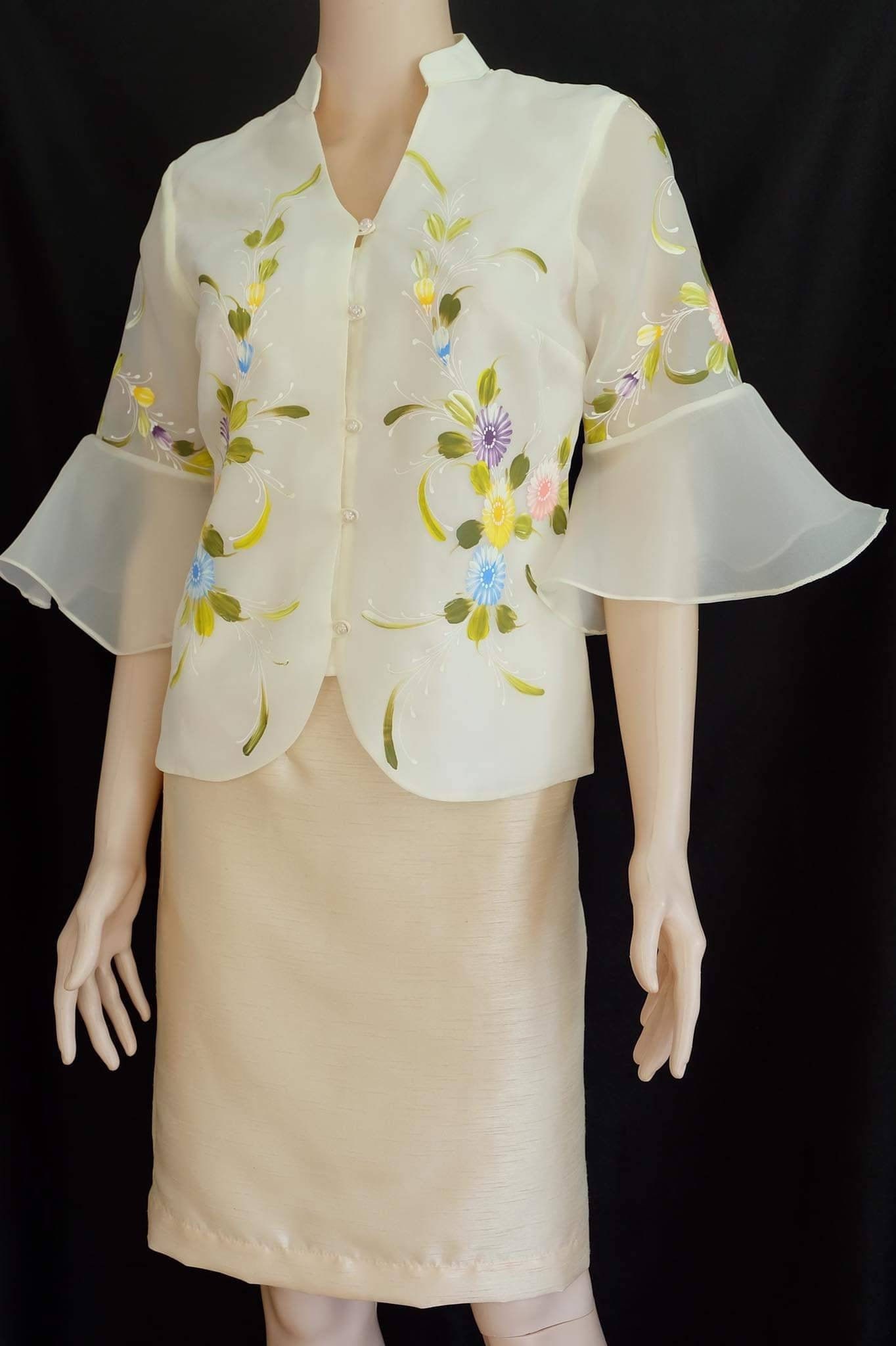 Modern FILIPINIANA HANDPAINTED BLOUSE In Flair Sleeves Barong Tagalog Blouse Maria Clara