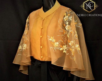 Modern FILIPINIANA Inspired Silk Hand-Painted CAPE BLOUSE Philippine National Costume - Gold