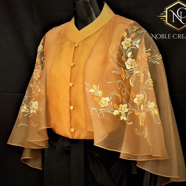 Modern FILIPINIANA Inspired Silk Hand-Painted CAPE BLOUSE Philippine National Costume - Gold