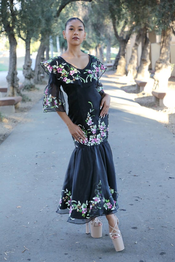 FILIPINIANA DRESS Black Hand painted Serpentina Gown With Flair Sleeves Philippine National Costume NCBSF Etsy Finland