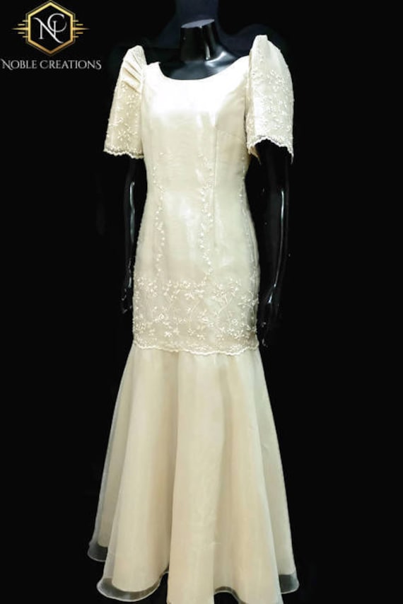 Beige FILIPINIANA Dress Embroidered Maria Clara Off-Shoulder Gown 