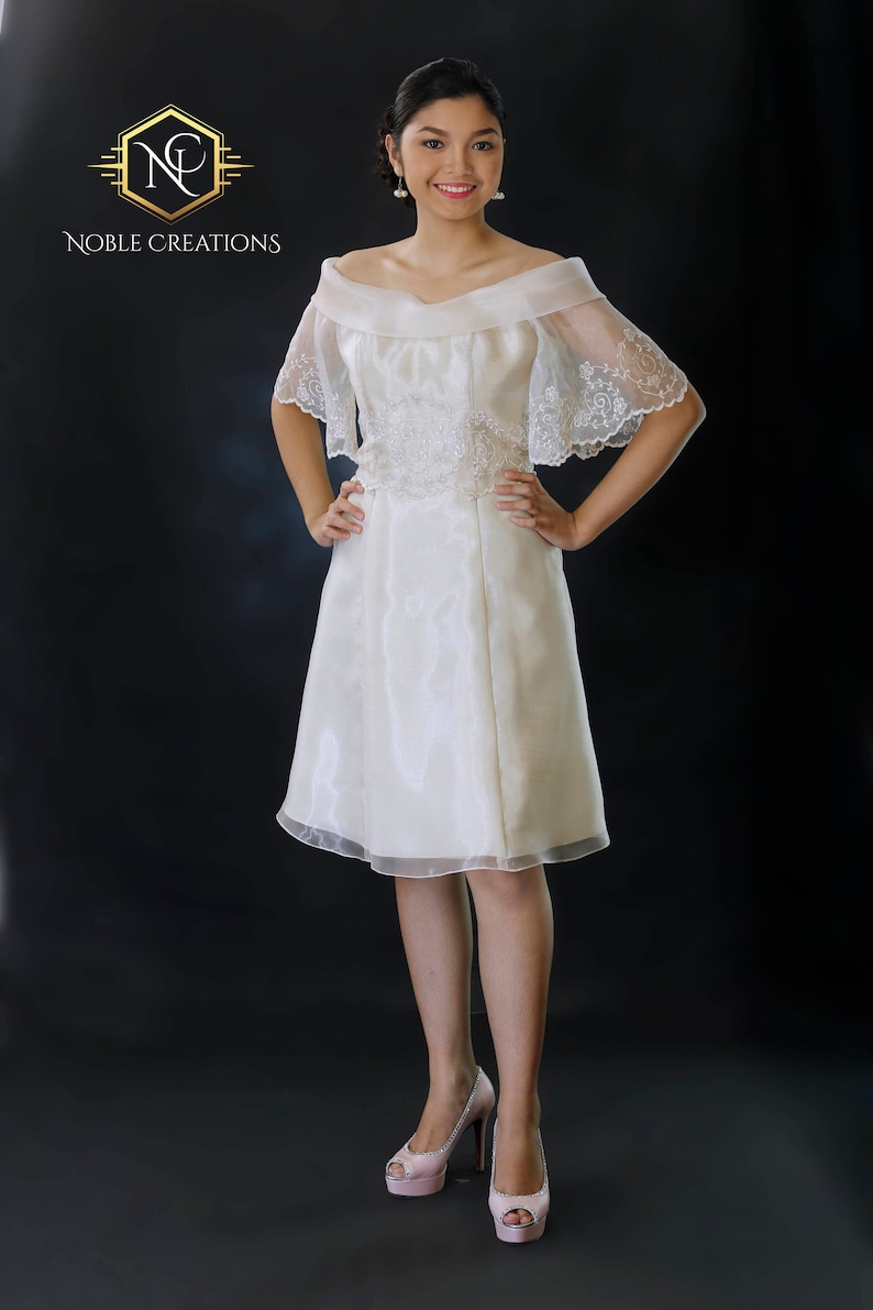 FILIPINIANA Dress BARONG TAGALOG Philippine National Costume Embroidered Silk Organza Beige image 1