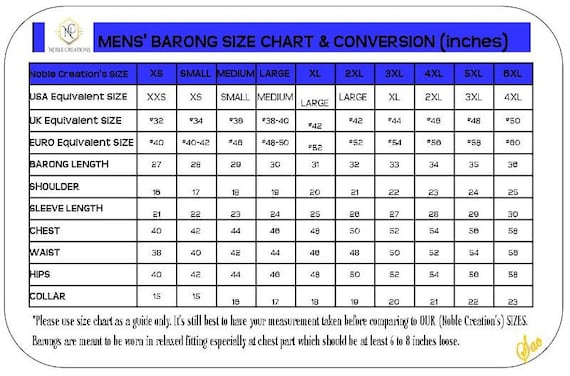 Chino Size Chart