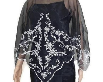 FILIPINIANA BLACK PONCHO Panuelo Embroidered Philippine Barong Tagalog Maria Clara Mestiza Design