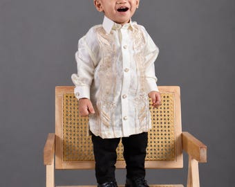 BARONG TAGALOG Full open with Inner Lining Philippine National Costume Filipiniana Formal Dress For Kids - Beige - NCWY