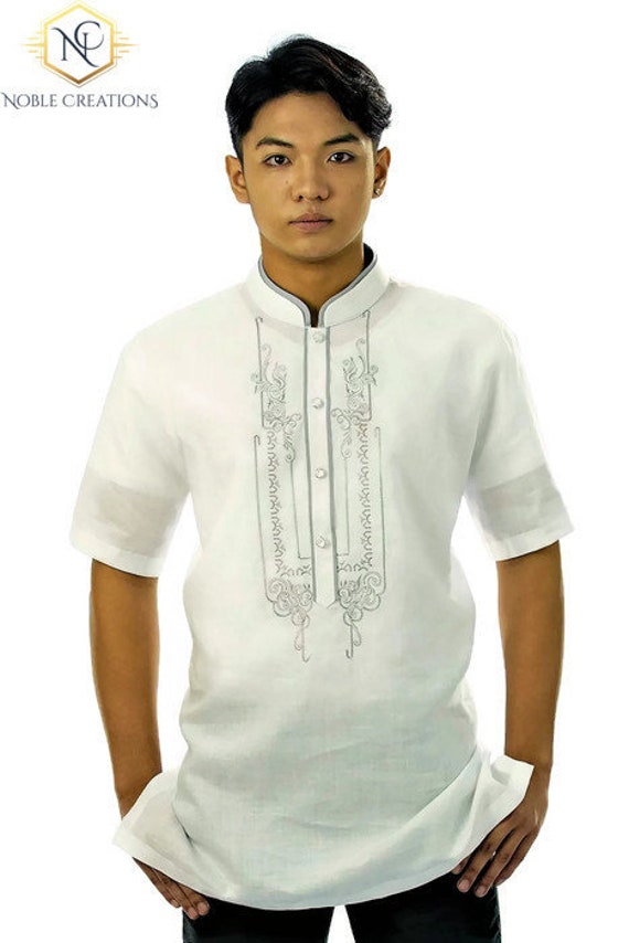 World & Traditional Clothing White BARONG TAGALOG LINEN EMBROIDER ...