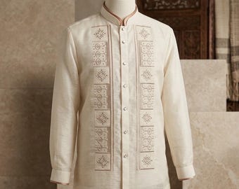 Double Collar Jusilyn Full-Open BARONG TAGALOG  Filipino National Costume FILIPINIANA  made in Lumban Laguna Philippines - Beige