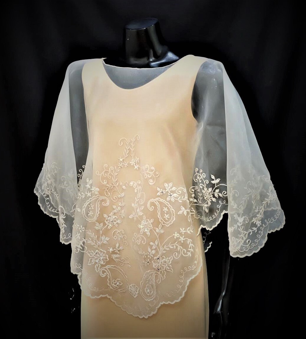FILIPINIANA PONCHO PANUELO Embroidered Philippine Barong Tagalog Maria Clara Mestiza Design - Beige
