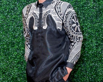 Barong Tagalog TRIBAL style with Inner Lining Filipino National Costume Filipiniana Lumban Laguna Philippines - BLACK with white embroidery