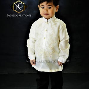 BARONG TAGALOG with Inner Lining Philippine National Costume FILIPINIANA Formal Dress For Kids Beige NCVON1 image 4