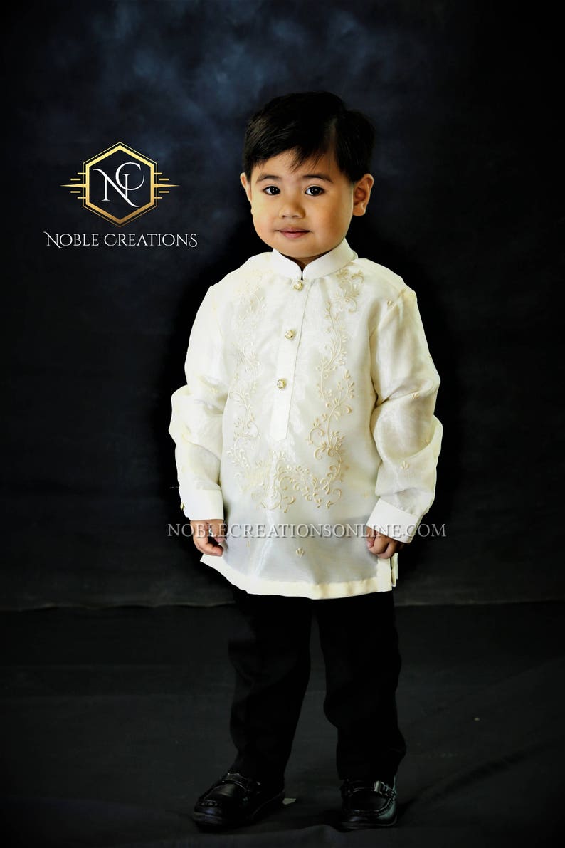 BARONG TAGALOG with Inner Lining Philippine National Costume FILIPINIANA Formal Dress For Kids Beige NCVON1 image 4