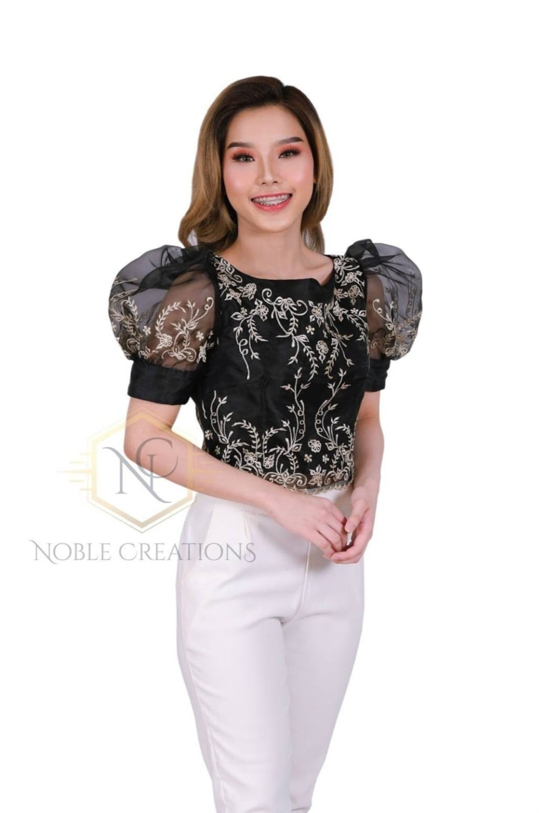 FILIPINIANA EMBROIDERED Cropped KIMONA With Puff Sleeves Maria