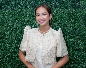 FILIPINIANA Embroidered JUSILYN BOLERO Square cut front Philippine National Costume - Beige