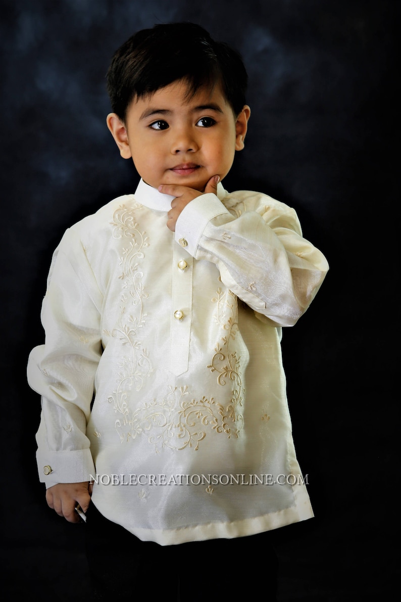 BARONG TAGALOG with Inner Lining Philippine National Costume FILIPINIANA Formal Dress For Kids Beige NCVON1 image 5