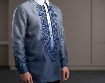 BARONG TAGALOG Navy Blue Embroidered with Inner Lining Filipino National Costume FILIPINIANA  Made in Lumban Laguna Philippines - NCNB1