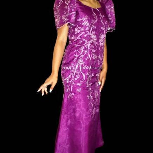 FILIPINIANA DRESS Embroidered and Beaded Mestiza Gown - Magenta