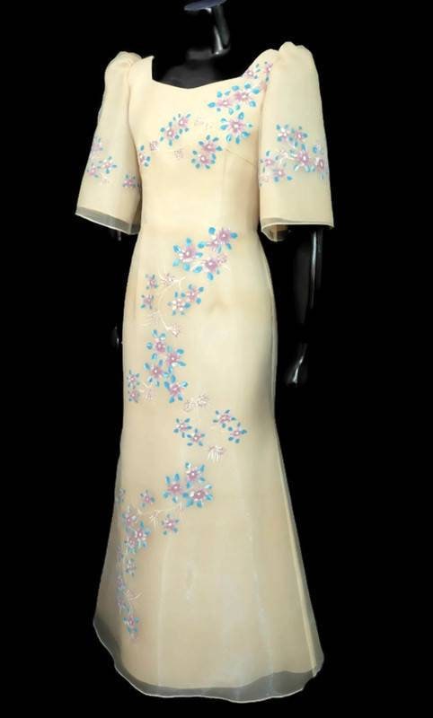 FILIPINIANA Hand painted BELL SLEEVES Terno Gown Philippine National Costume Maria Clara Barong Tagalog Beige