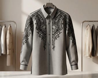 Jusilyn “Kawayan” BARONG TAGALOG  Filipino National Costume FILIPINIANA Formal Dress For Men made in Lumban Laguna Philippines - Gray/Black