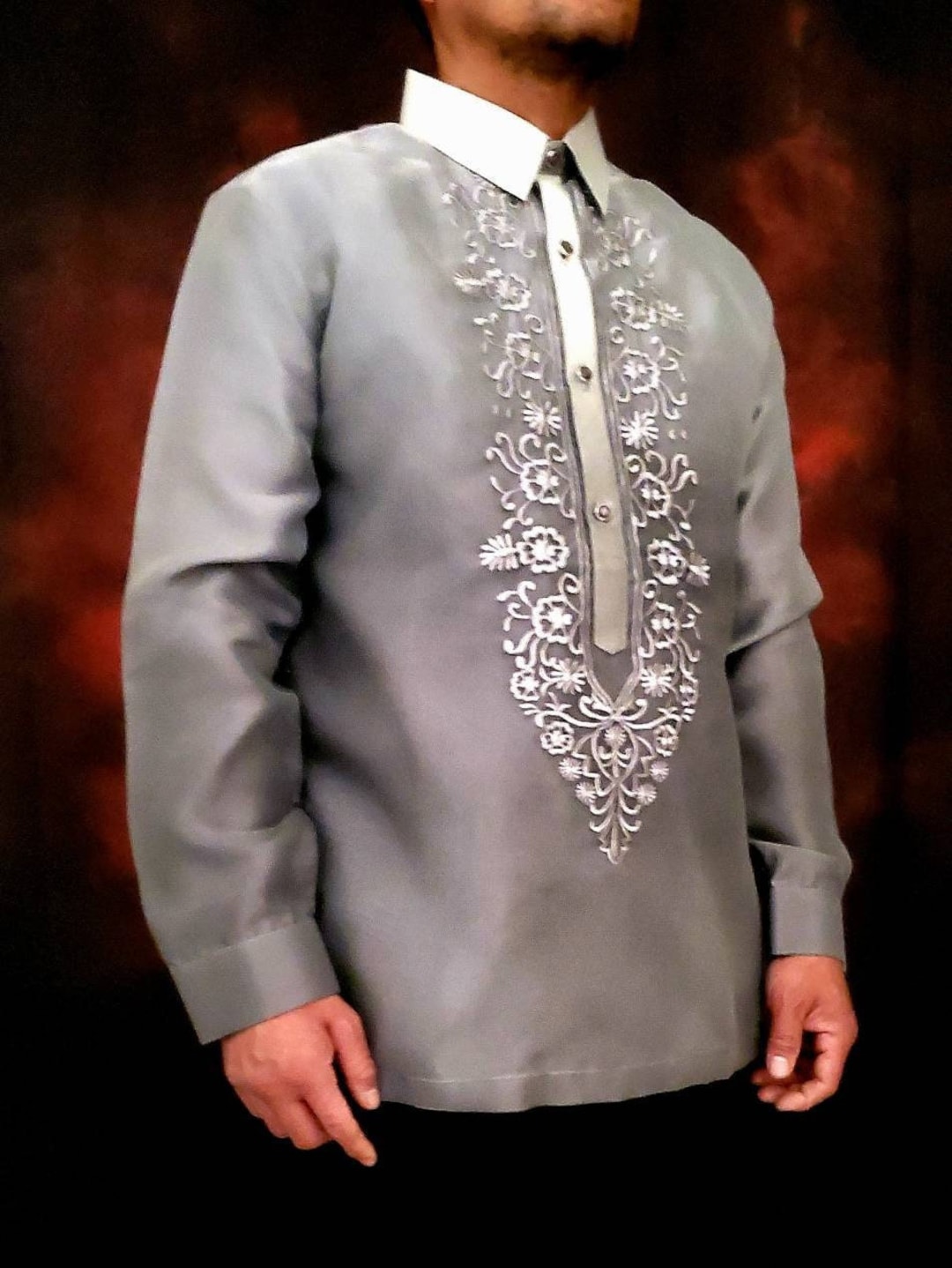 BARONG TAGALOG Gray Embroidered With Inner Lining Filipino National