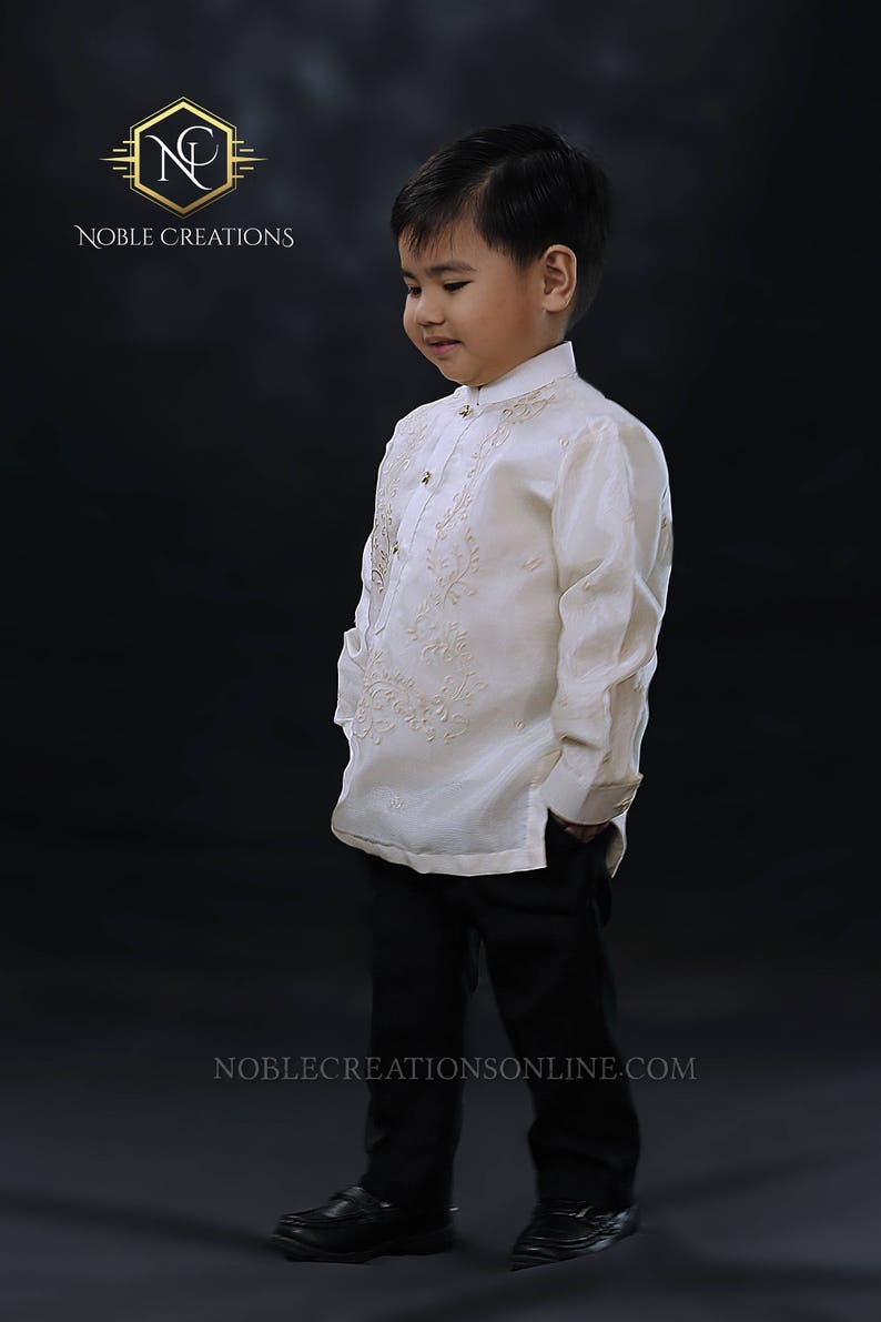 BARONG TAGALOG with Inner Lining Philippine National Costume FILIPINIANA Formal Dress For Kids Beige NCVON1 image 3