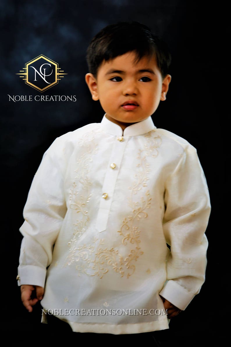 BARONG TAGALOG with Inner Lining Philippine National Costume FILIPINIANA Formal Dress For Kids Beige NCVON1 image 6