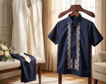 Polo Jack BARONG TAGALOG Short Sleeves Filipino National Costume Filipiniana Formal Dress for Men - Navy blue on Beige