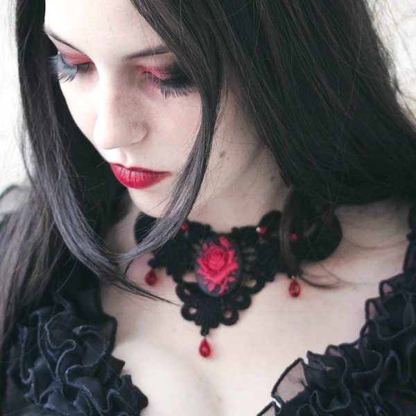 Red Rose Collier Tour de Cou Noir - Halloween Goth Gothique - Dentelle Noire
