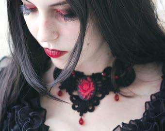 Red Rose Collier Tour de Cou Noir - Halloween Goth Gothique - Dentelle Noire