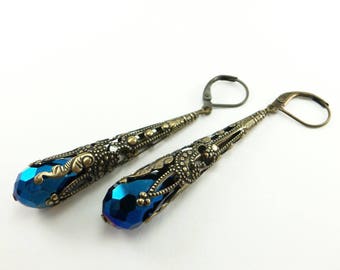 Vintage Blue Metallic Bronze Crystal drops earrings