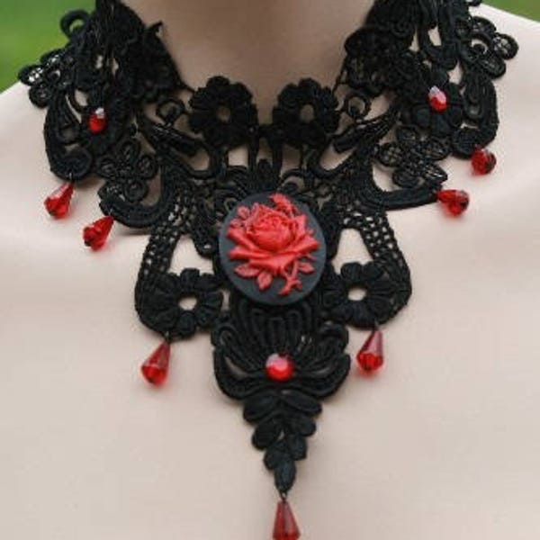 Red Rose Collier Tour de Cou Noir - Halloween Goth Gothique - Dentelle