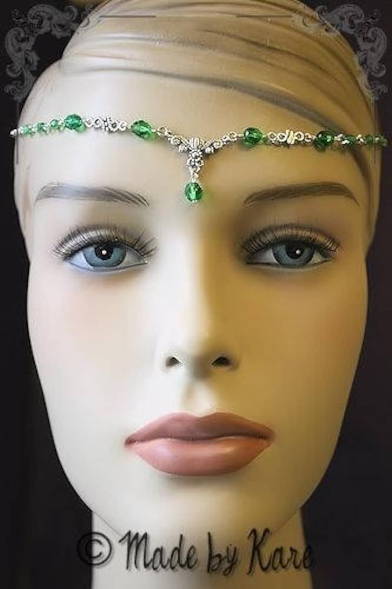 Diademe Tiare Elfique Vert Collier Victorien Bijou de Tête image 2