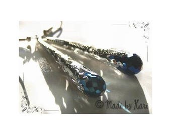 Earrings silver elven Crystal drops & metallic blue