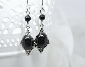 Boucles d'Oreilles "Elfe Noire" Jaspe Estampes en Laiton Silver-Filled (Massif) puis vieillii & patiné avec un traitement anti-ternissement