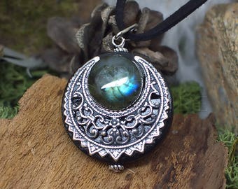 Amulette Collier de Protection Labradorite Lune Wicca Paien, Talisman en bois et pierre fine