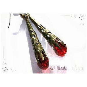 Boucles d'Oreilles Gouttes Cristal Bronze Vintage Rouge image 2