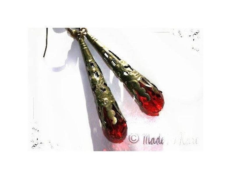 Boucles d'Oreilles Gouttes Cristal Bronze Vintage Rouge image 2