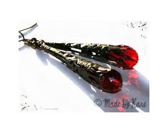 Boucles d'Oreilles Gouttes Cristal Bronze Vintage Rouge