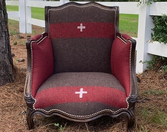 SOLD(Similar Frames available). Antique French Bergere Louis XV Armchair upholstered eclectic Swiss army blanket (Custom Designs available)