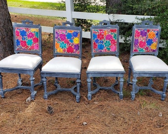 SOLD. Set of French antique Louis XV bohemian dining chairs, upholstered, hand made,embroidered, Eclectic,bohemian